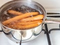 sausages boiling in a kettle Royalty Free Stock Photo
