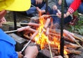 Sausages on bonfire