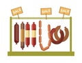 Sausages counter display or butcher shop meat gastronomy products store vector window