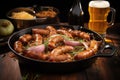 sausages in a cast iron skillet with beer and onion mix simmering around