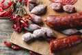 Sausages and chili peppers Royalty Free Stock Photo