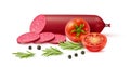 Sausages composition. Realistic salami, smoked meat delicacy, whole and sliced wurst with rosemary, pepper and tomatoes