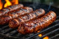Sausages cooking on barbecue grill.