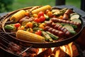 sausages, corn, and veggies on a summer grill