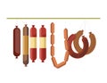 Sausages meat counter display or butcher shop gastronomy products store vector