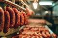 Sausages on drying racks in an industrial setting.