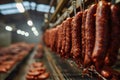 Sausages on drying racks in an industrial setting.