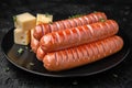 Sausages fried with cheese. Nutritious, tasty