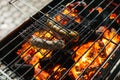 Sausages grill with burning charcoal with fire on the stove with grill on top in Bangkok, Thailand Royalty Free Stock Photo