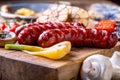 Sausages. Grill sausages. Grilled sausage with mushrooms garlic tomatoes and onions Royalty Free Stock Photo