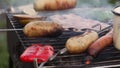 Sausages on the grill, skewers, smoked, hand takes, smoke, flames barbecue, picnic, nature