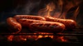 Sausages grilled on the flaming grill. Picnic, barbecue party or camping bbq food. Generative AI Royalty Free Stock Photo