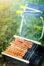 Sausages are grilled on the grill. Picnic in the nature. Grilling meat on coals. Copy space.