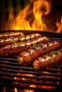 Sausages grilling on barbecue. Bratwursts over the hot coals and fire. Generative Ai Royalty Free Stock Photo