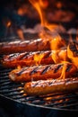 Sausages grilling on barbecue. Bratwursts over the hot coals and fire. Generative Ai Royalty Free Stock Photo