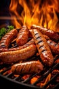 Sausages grilling on barbecue. Bratwursts over the hot coals and fire. Generative Ai Royalty Free Stock Photo