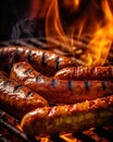 Sausages grilling on barbecue. Bratwursts over the hot coals and fire. Generative Ai Royalty Free Stock Photo