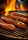 Sausages grilling on barbecue. Bratwursts over the hot coals and fire. Generative Ai Royalty Free Stock Photo