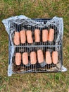 Sausages grilling on hot coals in a portable barbecue on green lawn. picnic or summer camping trip Royalty Free Stock Photo