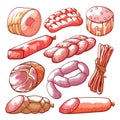 Sausages and meat product hand drawn set