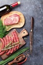 Sausages, meat, red wine Royalty Free Stock Photo