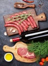 Sausages, meat, red wine Royalty Free Stock Photo