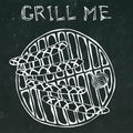 Sausages and Onion on The BBQ Grill. Lettering Grill Me. Barbecue Logo. on a Black Chalkboard Background Royalty Free Stock Photo