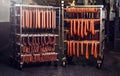 Sausages on racks in a storage room in meat processing factory.