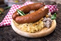 Sausages with sauerkraut and buckwheat mush