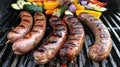 Sausages sizzling on the grill alongside grilled vegetables, enticing aroma fills the air, Ai Generated