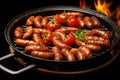 sausages sizzling in a grill pan