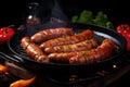 sausages sizzling in a grill pan