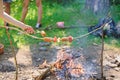 Sausages on stick bonfire background. Smoky smell of roasted food. How to roast sausages with vegetables. Roasty toasty Royalty Free Stock Photo