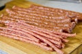 sausages on a wooden board