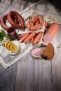 Sausages On A Wooden Desk Royalty Free Stock Photo