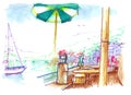 Sausalito view from the bay cafe illustration Royalty Free Stock Photo