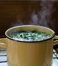 Sausepan on stove with boiling young nettle leaves making a spring green soup Royalty Free Stock Photo