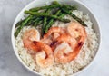 sauteed asparagus and shrim on white rice