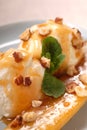 Sauteed banana with ice cream and caramel sauce