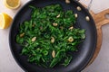 Sauteed garlic spinach in a pan with slices of crispy garlic