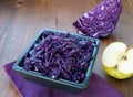 Sauteed red cabbage with apples in black square  bowl. Traditional side dish to be served with venison, goose, pork or chicken Royalty Free Stock Photo