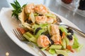 Sauteed shrimp in celery and black fungus on crispy noodle