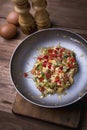 Sauteed vegetables and egg in a pan. Top view