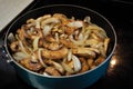 Sauteing mushrooms and onions in a frying pan with oil, seasoning, and steam