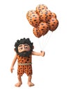 Savage caveman character in 3d with animal pelt party balloons, 3d illustration