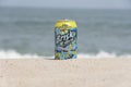 Savage Ditch, Delaware, U.S - August 5, 2023 - A can of Brisk Ice Tea on the beach