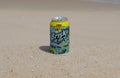 Savage Ditch, Delaware, U.S.A - August 5, 2023 - A can of Brisk Ice Tea on the beach