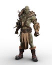 Savage mythical Orc brute standing with aggressive pose and expression in barbarian armour. 3D rendering isolated on white