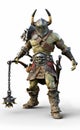 Savage Orc Brute wearing traditional armor and equipped with a flail . Fantasy themed character on an white background.