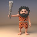 Savage stone age caveman in animal pelt waves his neolithic club in anger, 3d illustration